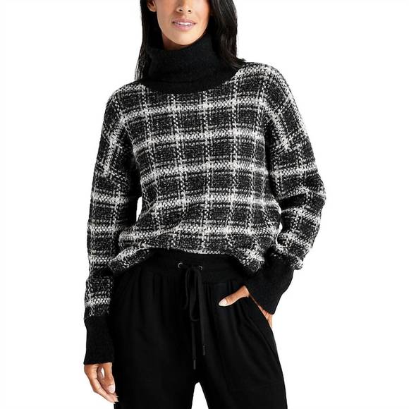 NEW SPLENDID ginny plaid knit turtleneck sweater in black/white/gold - Picture 1 of 2